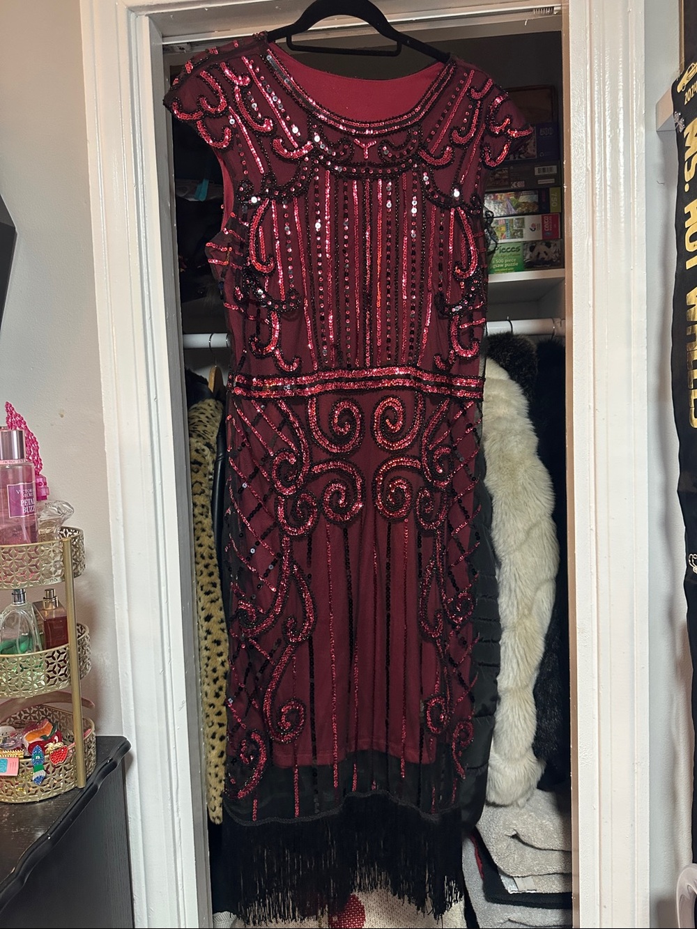 Beaded Burgundy Flapper Fringe Dress